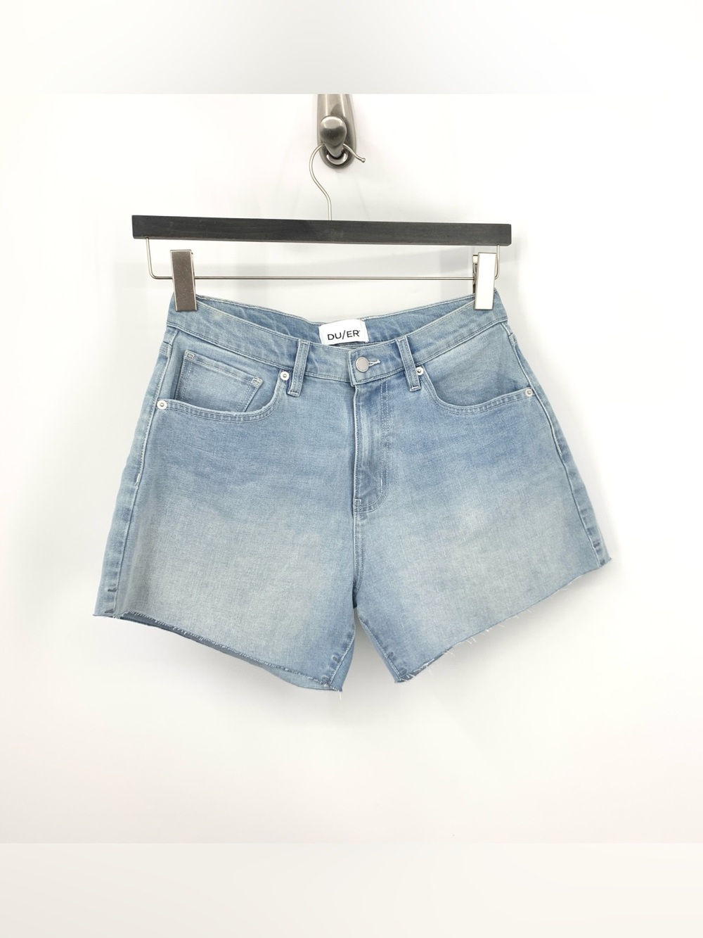 DUER DU/ER Women Size 28 Shorts Light Wash Denim Jean Cutoff Stretch 5"